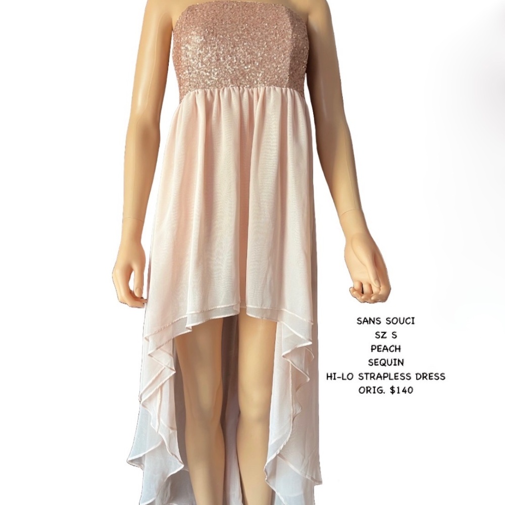 SANS SOUCI  SZ S  PEACH SEQUIN  HI-LO STRAPLESS  DRESS